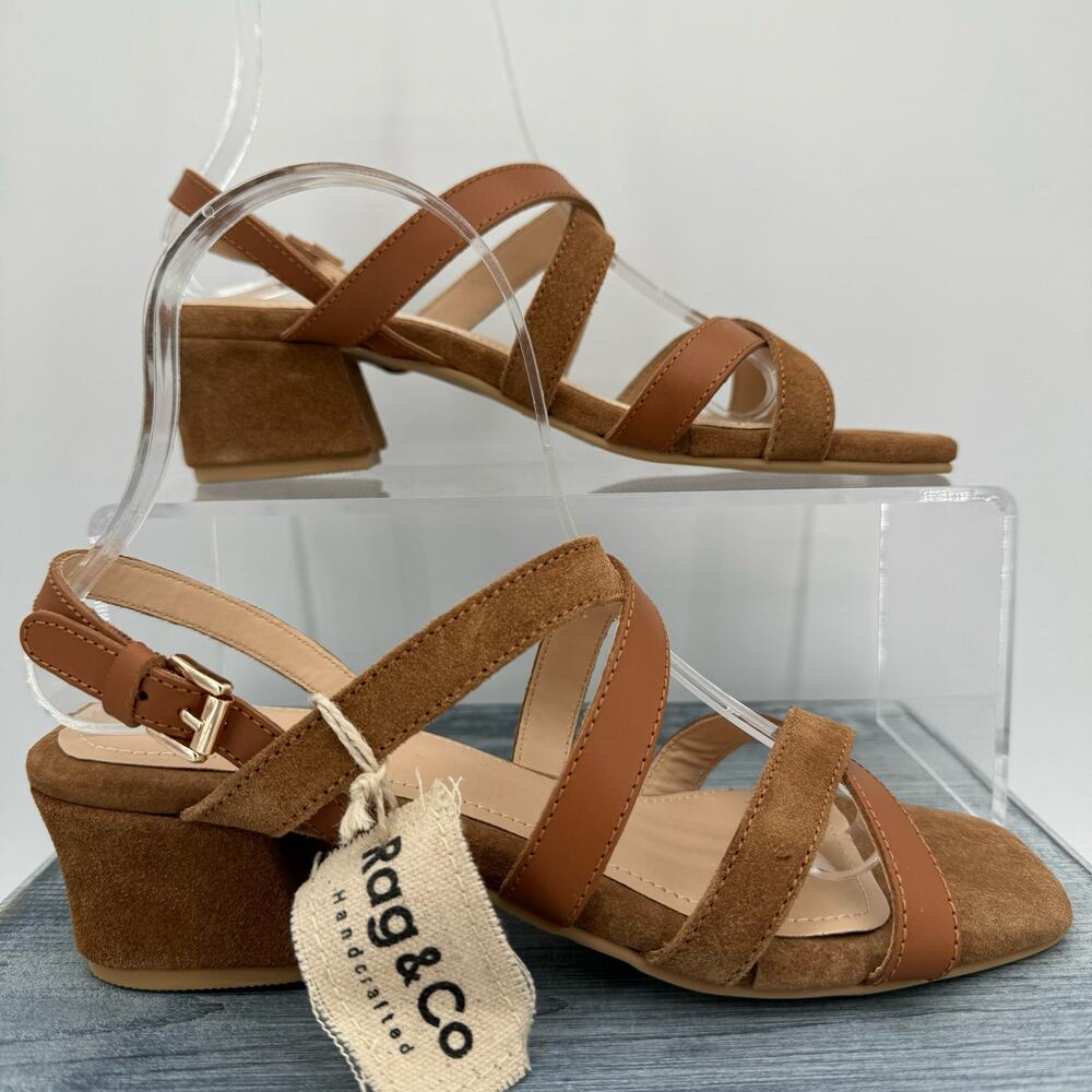 NEW Rag & Co Astrid Mid Heeled Block Leather Sandals Tan Size 7